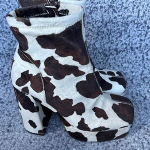 Steve Madden White and Brown Cow-Print Platform Ankle Boots